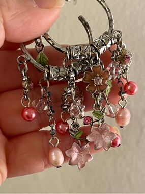 Pink Floral Dangle Hoop Earrings